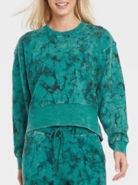 JoyLab French Terry Acid Wash Crewneck Sweatshirt in Teal NWT Size S